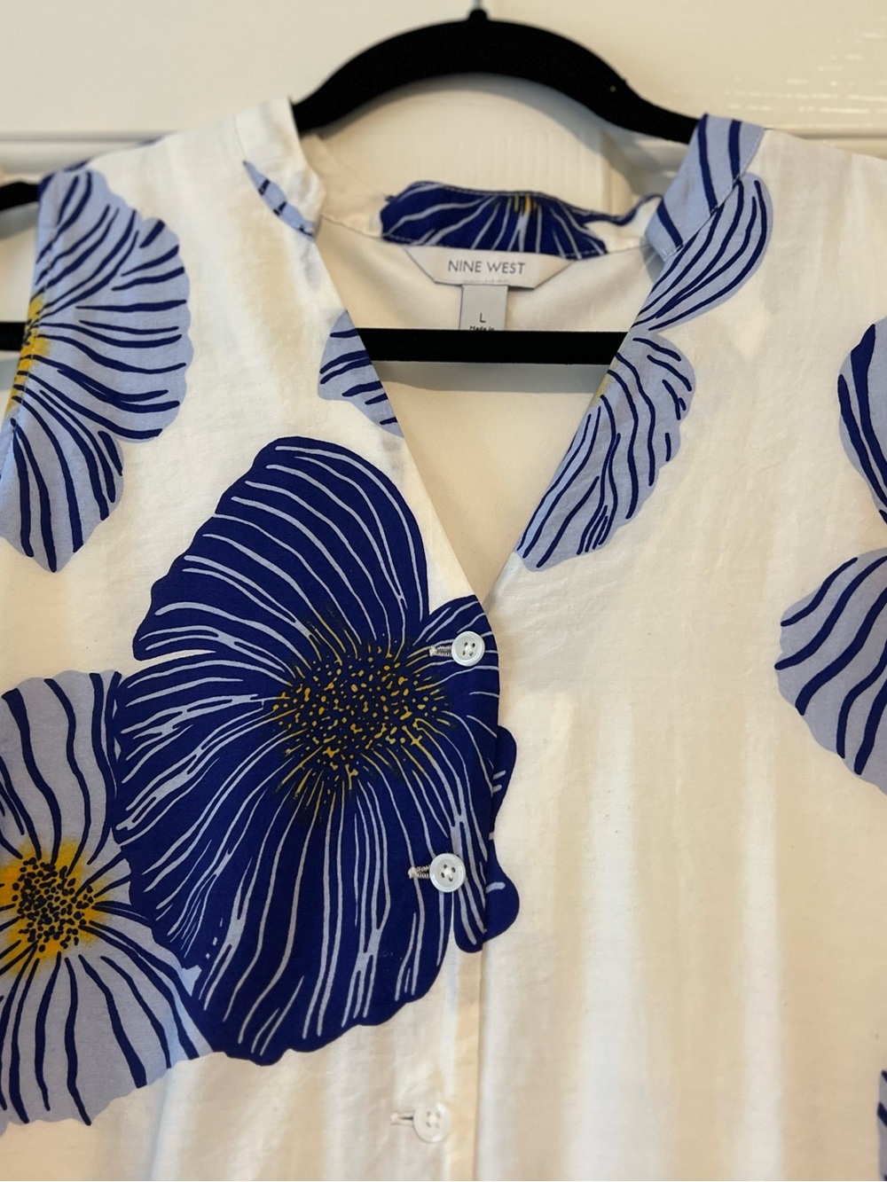 Nine West White Blouse with Bold Blue Floral Print